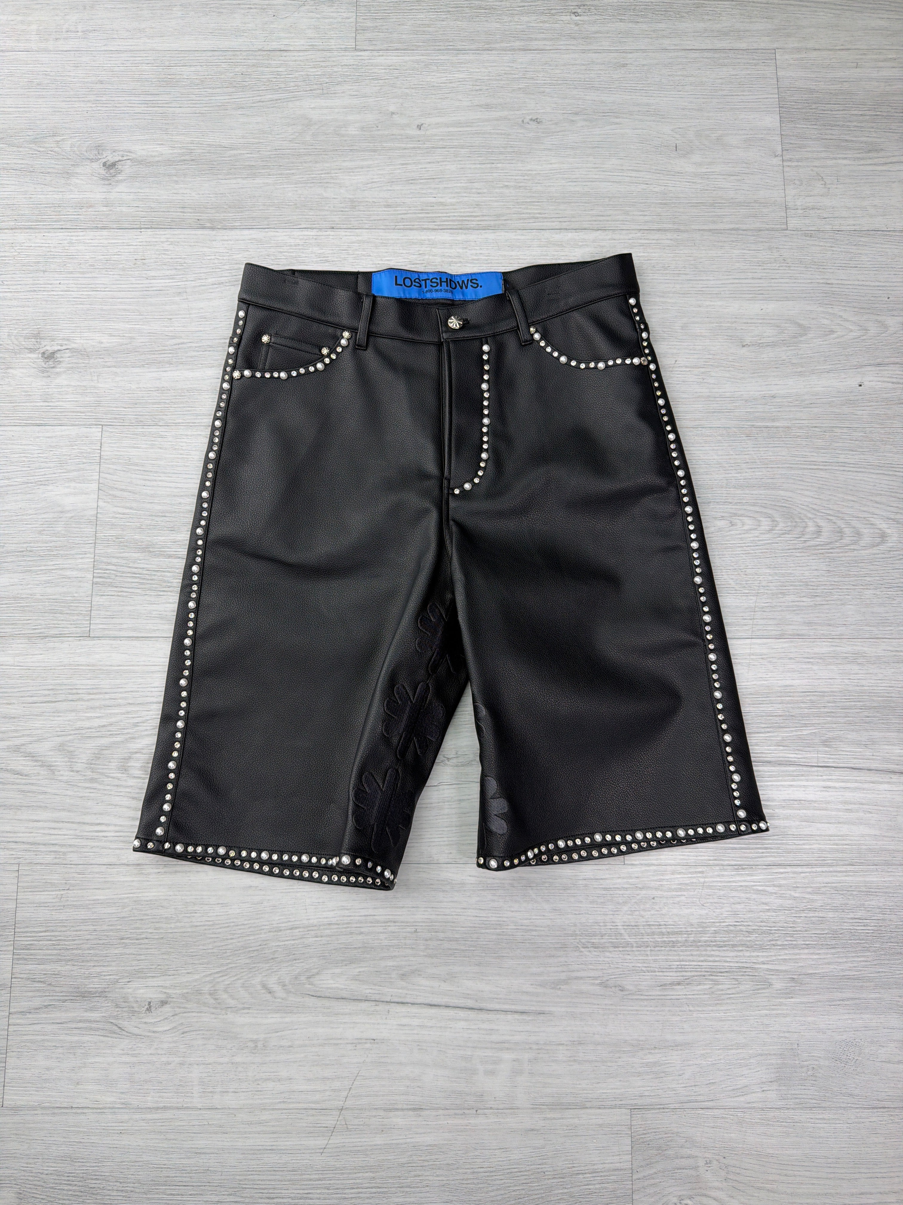 LOST SHDWS 'Embellished Sun Logo' Black Leather Shorts