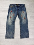 When Smoke Clears studded denim Steel red