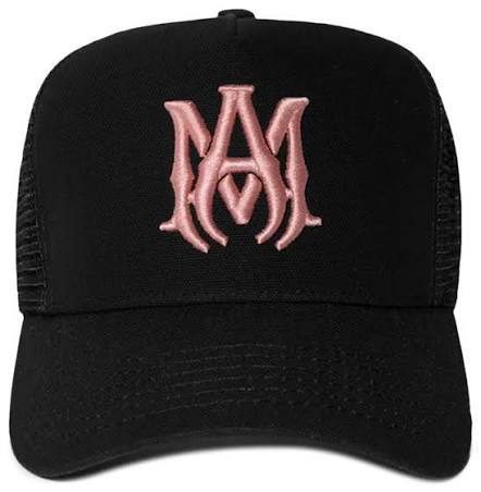 Amiri black and pink logo trucker hat